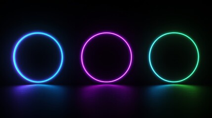 Glowing neon circles, colorful illuminated lights, abstract ring design, vibrant neon art, dark background, futuristic glowing patterns