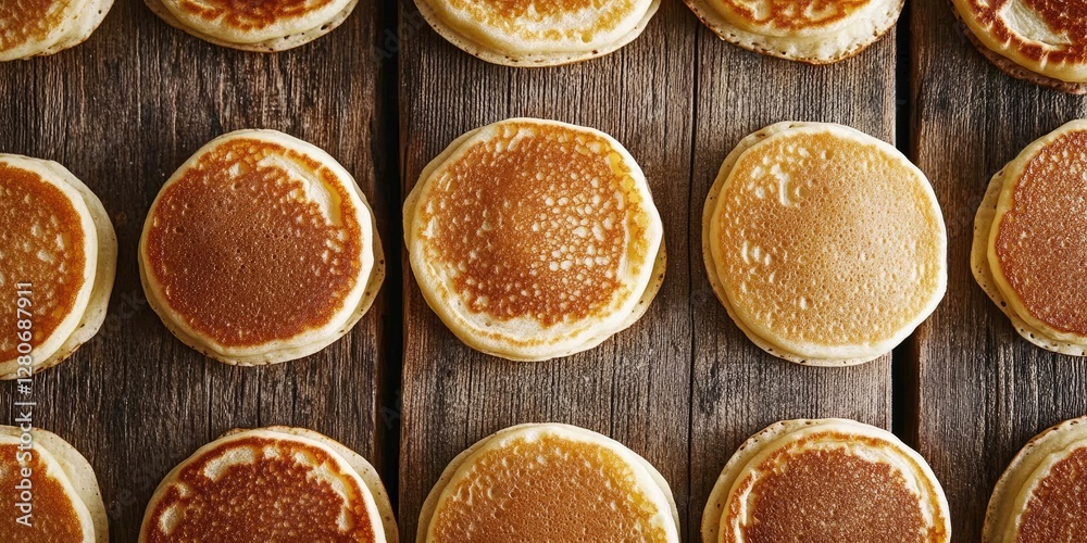 Aufkleber fluffy golden pancakes in a neat row on a rustic wooden surface showcasing a warm brown and beige co
