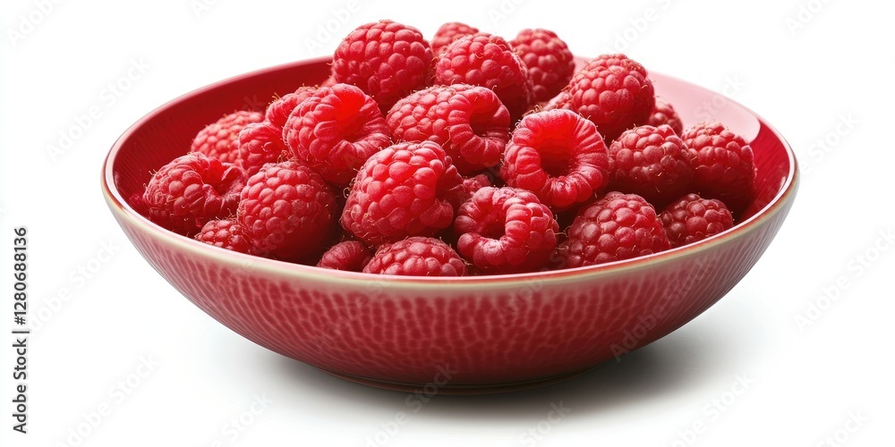 Poster vibrant red raspberries in a textured red bowl positioned centrally against a white background showc