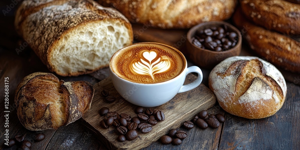 Poster freshly brewed coffee in a white cup with latte art resting on a wooden board surrounded by artisan 