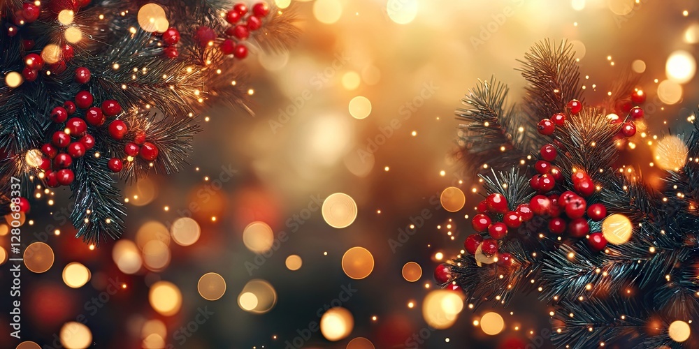 Poster christmas bokeh backdrop in warm golden hues with festive red berries and evergreen branches framing