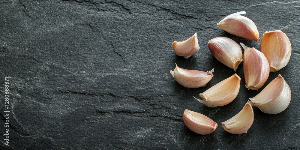 Poster garlic cloves scattered on a textured dark stone surface with soft lighting highlighting their delic