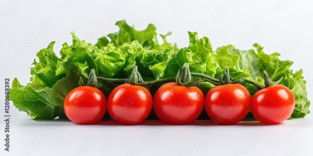 Poster fresh green lettuce leaves in the foreground with five vibrant red cherry tomatoes lined up in a row