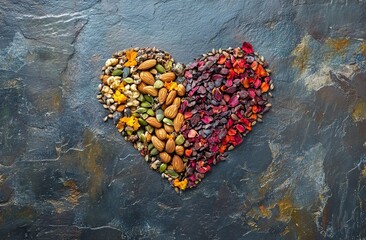 Heart Shaped Arrangement of Nuts Seeds Dried Petals and Flowers on Rustic Dark Stone Background