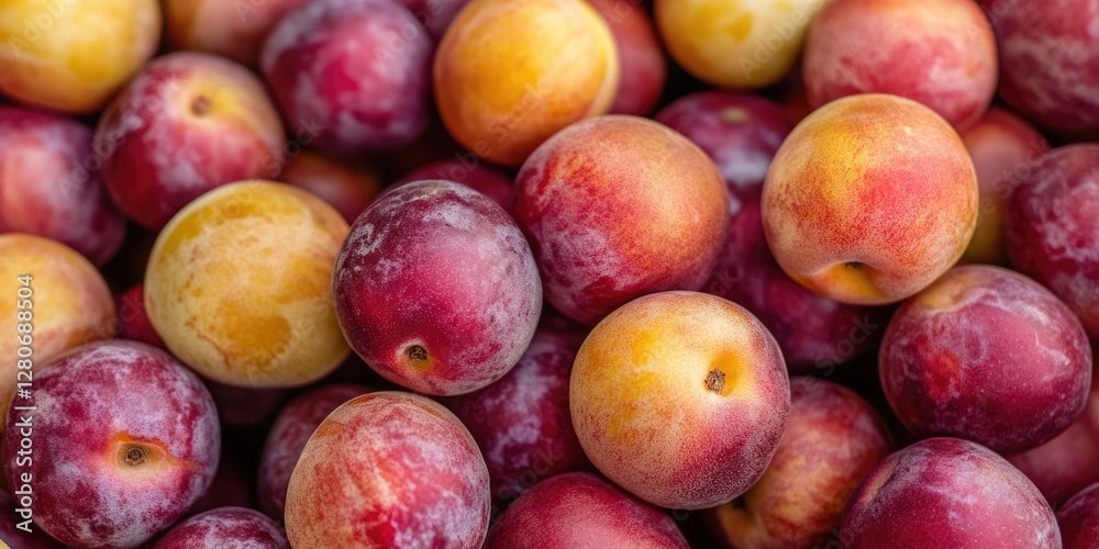 Poster ripe plums in shades of red and yellow clustered together in a vibrant, close-up view creating a fre