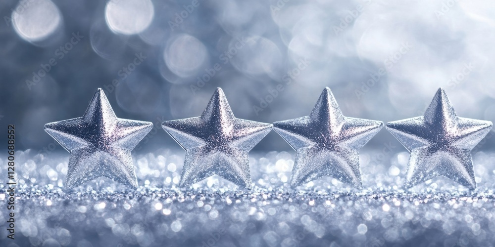 Leinwandbilder Four shimmering silver stars aligned in a row against a softly blurred blue and gray background with ample space for text overlay and design use.