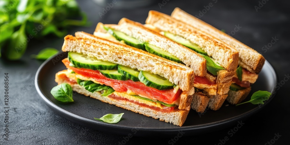 Poster delicious layered sandwich with fresh vegetables including cucumbers and tomatoes stacked between go