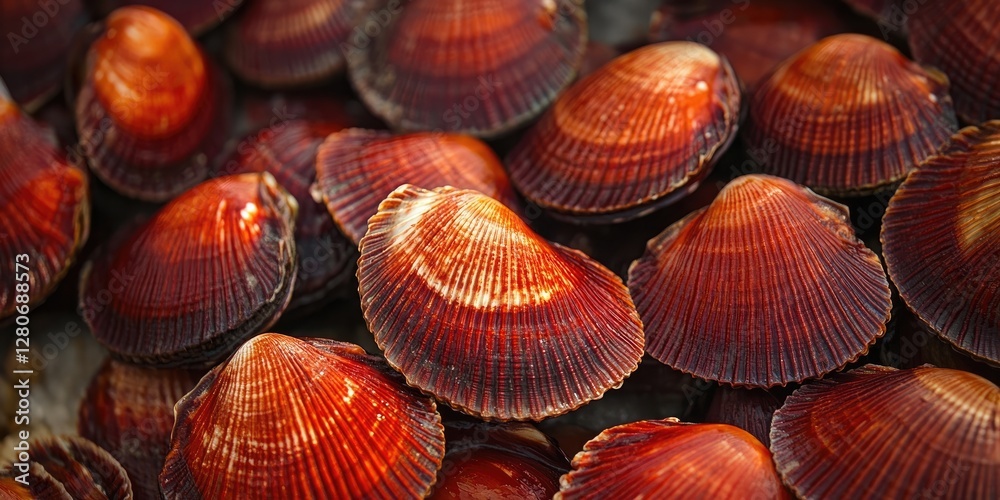 Aufkleber vibrant red blood cockles displayed in abundance showcasing their glossy surface and intricate ridge