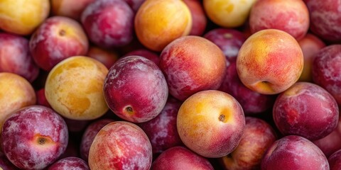 Ripe plums in shades of red and yellow clustered together in a vibrant, close-up view creating a fresh and appetizing look for food imagery