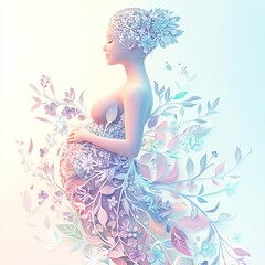 3D illustration of a pregnant woman, her body and hair is formed by flowers, leaves.
