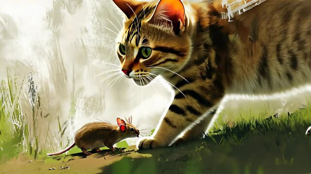 Cat stalks mouse in a vibrant green field creating a dramatic encounter in nature
