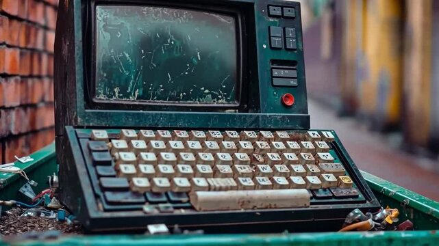 This video features a vintage computer abandoned in a green bin. It symbolizes forgotten technology and the passage of time. A visual commentary on obsolescence. Generative AI