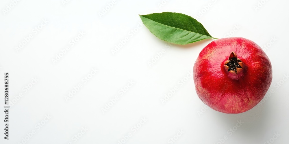 Poster Ripe red pomegranate with green leaf positioned on white background from above featuring ample negative space for design elements