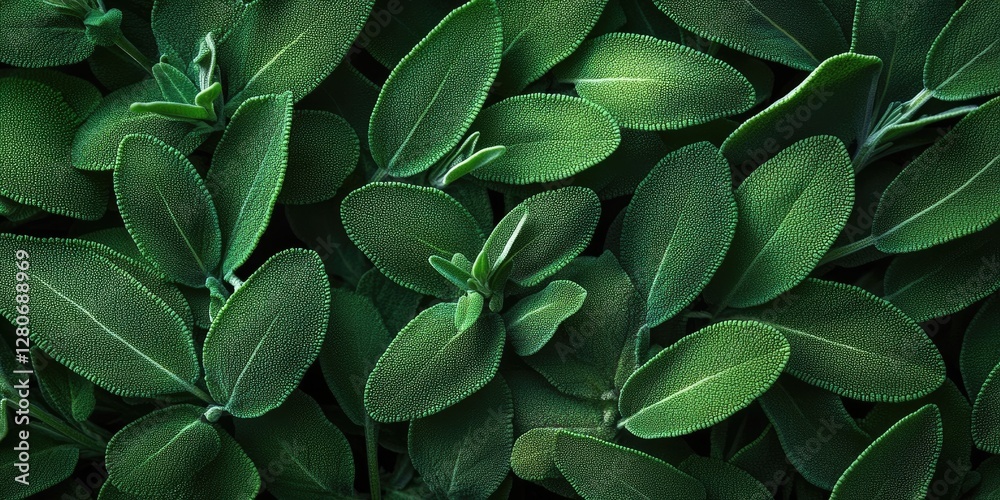 Poster Lush green sage leaves densely layered with varying shades of green and subtle light reflections on a dark background creating a vibrant natural texture.