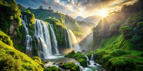 Fototapeta premium Serene waterfall cascades through vibrant mountain foliage, a breathtaking nature scene.