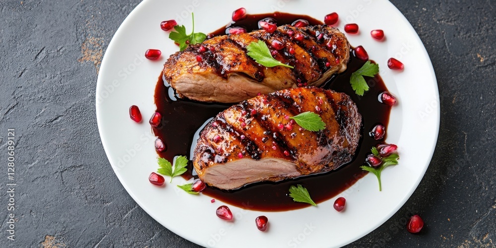 Poster festive roasted duck breast on a white plate garnished with pomegranate seeds and drizzled sauce in 