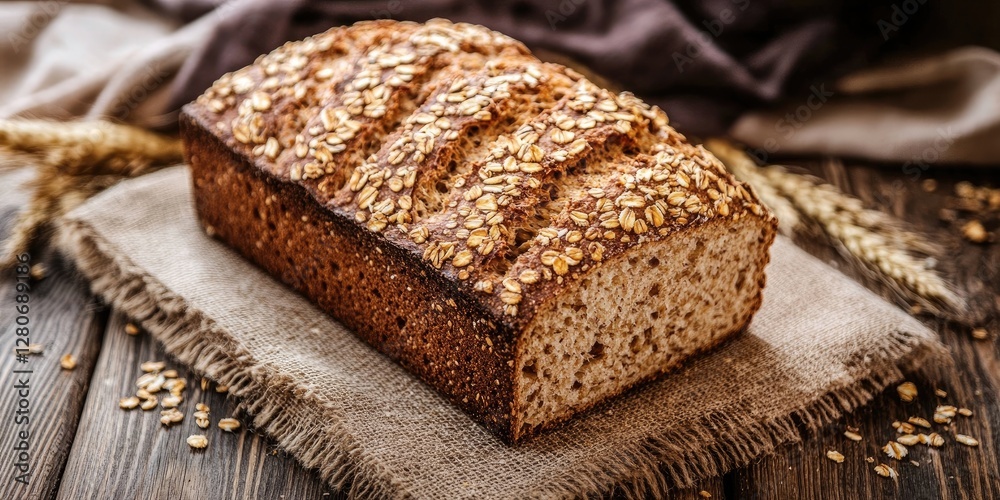 Poster Multigrain bread loaf with a golden crust topped with oats, placed on a textured linen cloth on a rustic wooden table with wheat stalks.