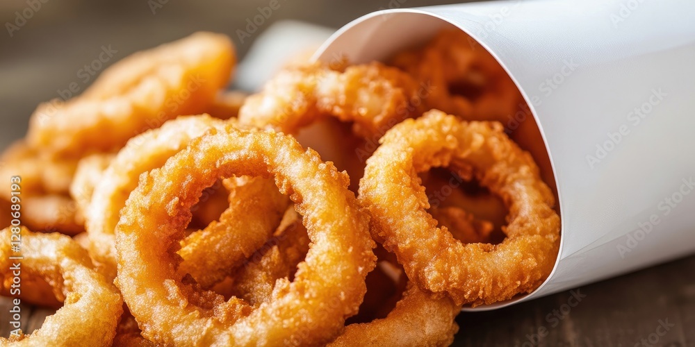 Poster crispy golden onion rings spilling from a white cone on a rustic wooden surface with warm golden ton