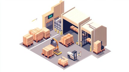 Warehouse isometric view, goods handling, loading dock. Possible use Stock photo