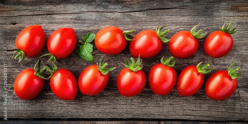 Poster fresh ripe red tomatoes arranged in a line on rustic wooden background with green mint leaves for a 