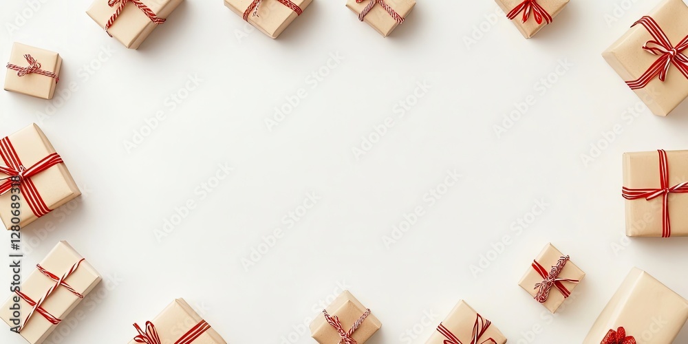 Poster Gift boxes with red ribbons scattered on a light beige background creating a circular arrangement with ample space for text in a horizontal layout