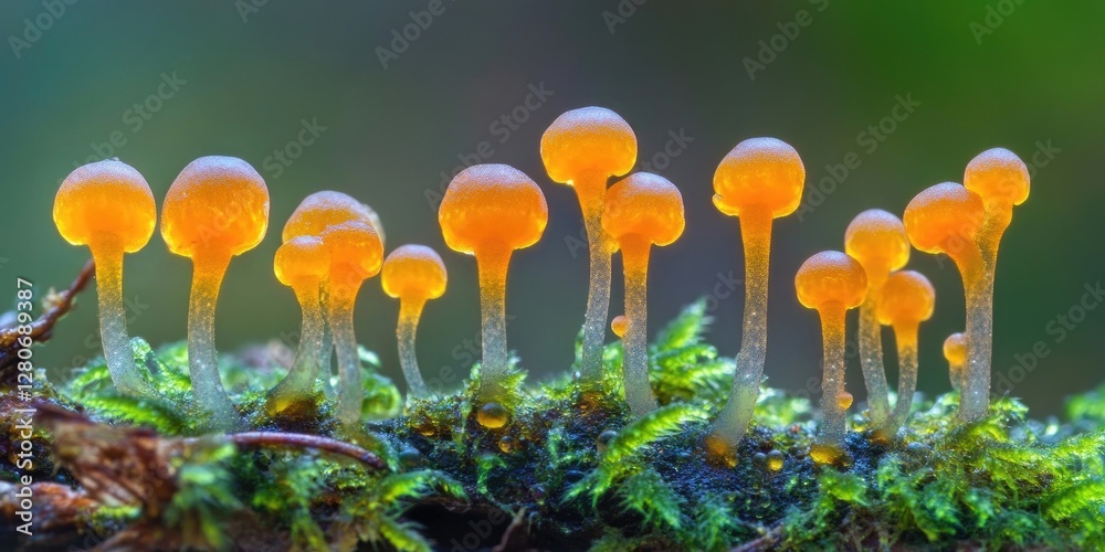 Aufkleber vibrant orange mushrooms with glossy caps emerging from lush green moss creating a serene forest atm