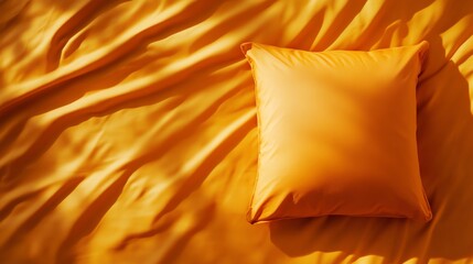 Soft orange pillow on rumpled fabric sheet