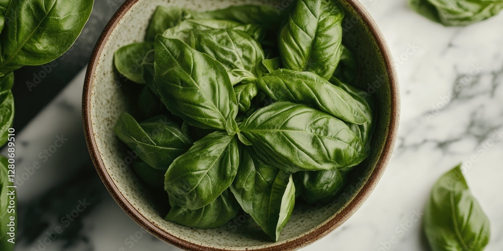Poster fresh vibrant basil leaves arranged in a rustic bowl with a green hue on a marble countertop highlig