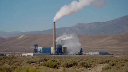 Asphalt batch plant with smokestacks emitting light steam, industrial equipment in operation