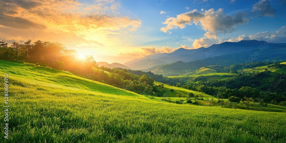 Poster vibrant sunset over rolling green fields with distant mountains and clouds in a blue sky creating a 