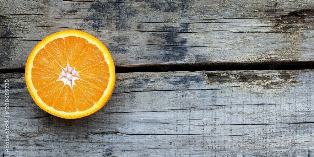 Aufkleber vibrant orange half on rustic wood background highlighting its rich texture and bright color creatin
