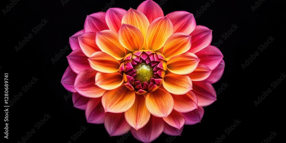 Poster Vibrant pink and orange dahlia flower centered on a black background with layered petals creating a stunning floral display and intricate details.