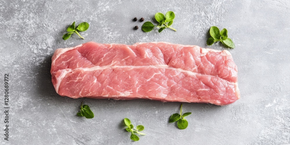 Aufkleber fresh raw pork tenderloin fillet presented from a top view on a gray surface with green herbs and bl