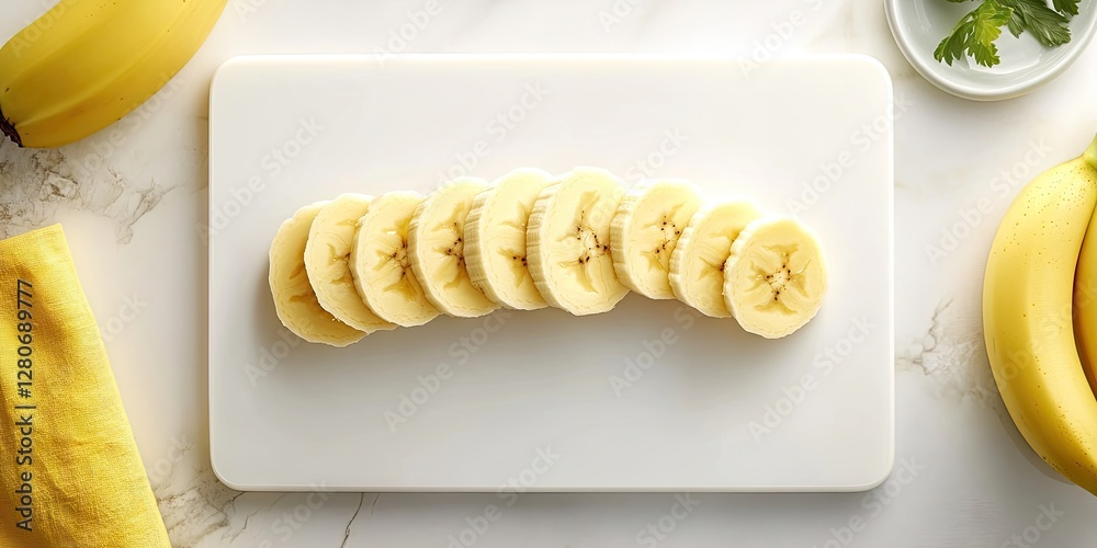 Poster sliced ripe banana arranged in a curved line on a clean white cutting board surrounded by yellow tow