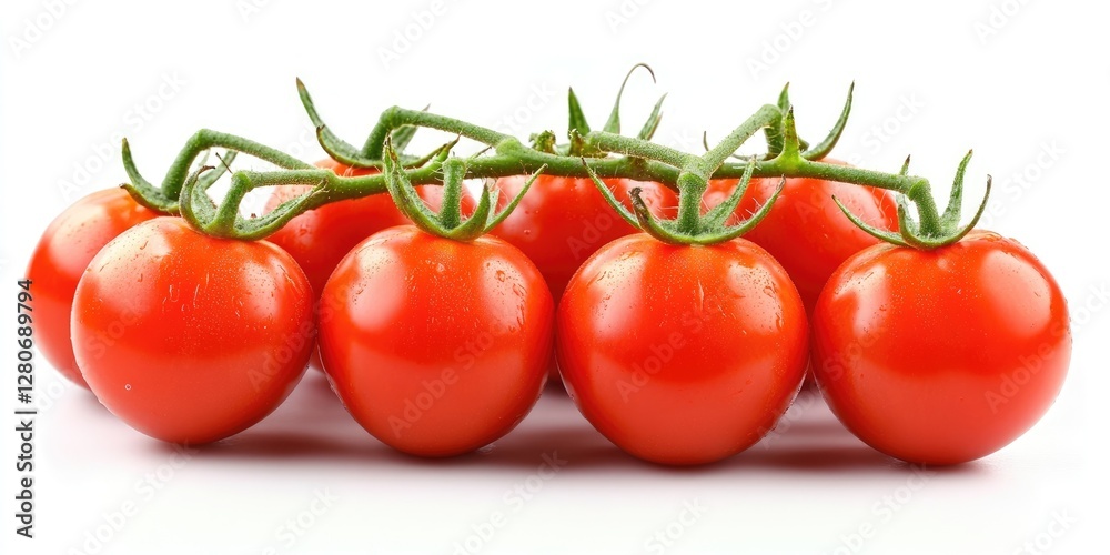 Poster fresh ripe red tomatoes on a green vine arranged in a horizontal line against a white background hig