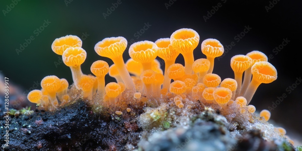 Poster bright orange fungi clusters with delicate, frilled edges growing on dark, textured substrate, creat