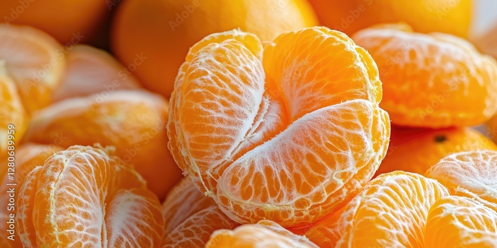Poster Fresh mandarin oranges stacked in layers showcasing vibrant orange hues with clusters of segments in focus against a soft warm background.
