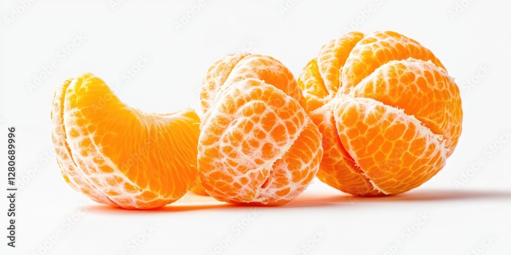 Poster fresh peeled tangerines in vibrant orange color arranged side by side on a clean white background sh