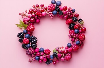 Obraz premium Vibrant Fruit Wreath of Raspberries Blackberries Blueberries and Redcurrants on Pink Background for Decoration