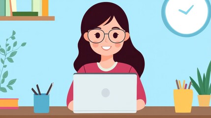 Smiling Woman Working on Laptop in Home Office