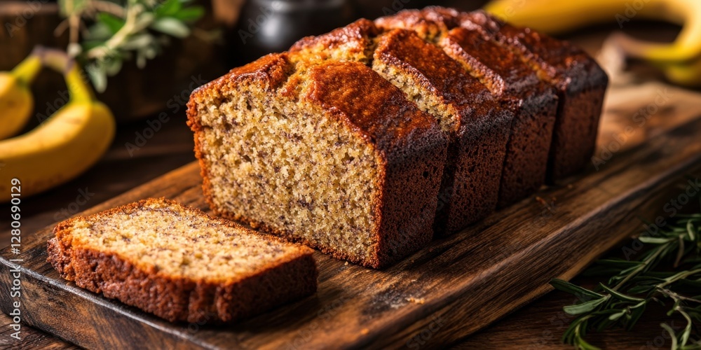 Poster Freshly sliced banana bread on a rustic wooden board displaying a golden crust with lush bananas in the background, inviting aroma and texture showcased.