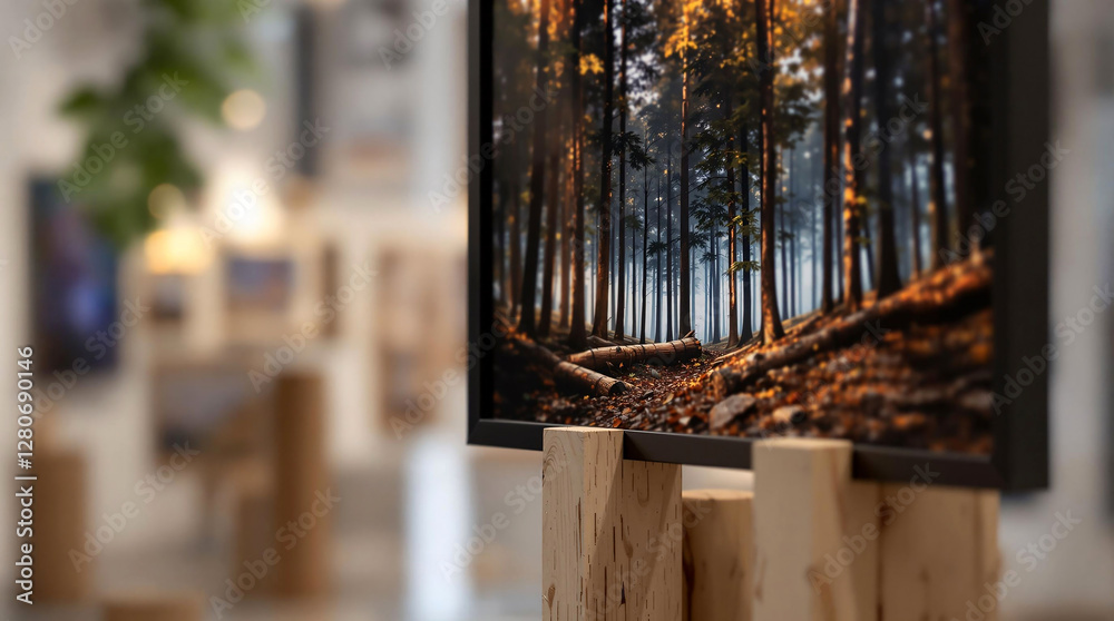 Poster a close-up of a television screen displaying a forest scene. the screen is placed on a wooden stand,
