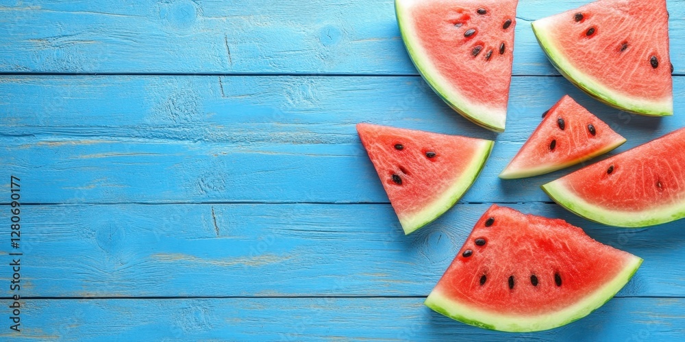 Poster vibrant watermelon slices arranged on a rustic blue wood background showcasing refreshing summer col