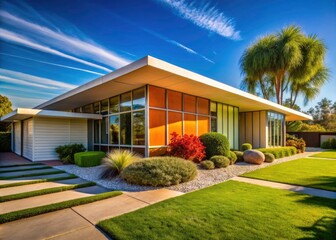 Fototapeta premium Retro 60s architecture shines: mid-century modern building exteriors beautifully photographed.