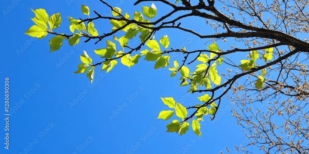 Poster vibrant green spring leaves on a slender branch against a cloudless bright blue sky creating a seren