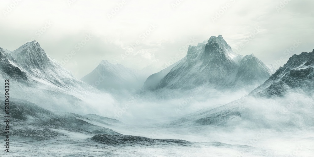 Poster majestic snowy mountains enveloped in thick fog create a serene vintage landscape with soft grey ton