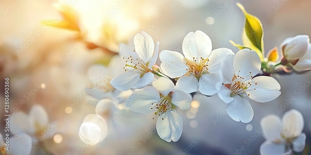 Poster delicate white cherry blossoms with soft golden sunlight in the background highlighting gentle bokeh