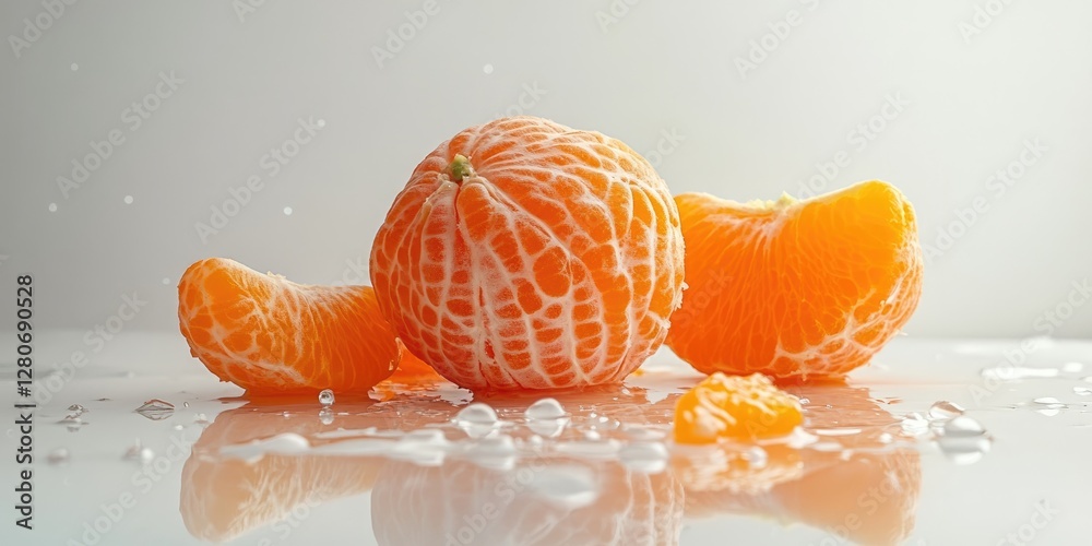 Poster fresh vibrant orange tangerine with segmented pieces placed on a glossy white surface glistening wit