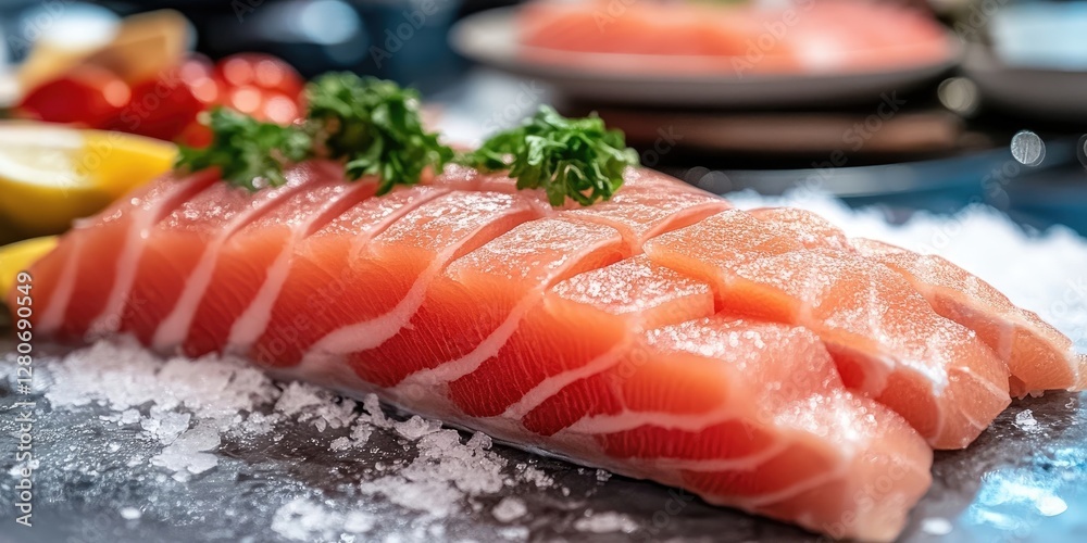 Aufkleber Sliced fresh salmon fillet on a black slate with ice garnished with parsley and lemon slices in the background showcasing culinary preparation.