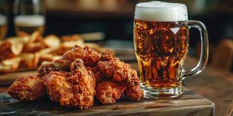 Golden crispy fried chicken on a wooden board beside a frosty mug of amber beer with a white foamy top in a rustic pub setting.
